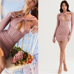 House of CB Adanna Long Sleeve Mesh Corset Mini Dress Blush Pink Size Large